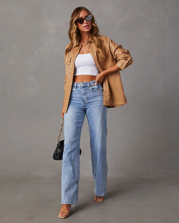 Summer Fashion Casual Low-Waist Patched Wide-Leg Long Denim Pant for Women