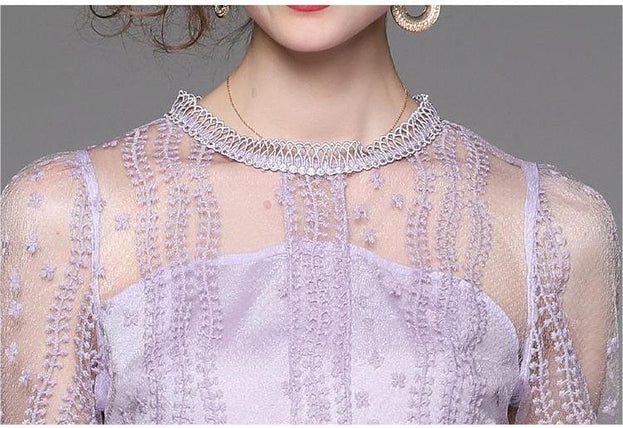 Purple Patchwork Mesh Embroidered Long Sleeve Dress