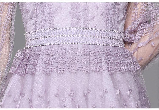 Purple Patchwork Mesh Embroidered Long Sleeve Dress