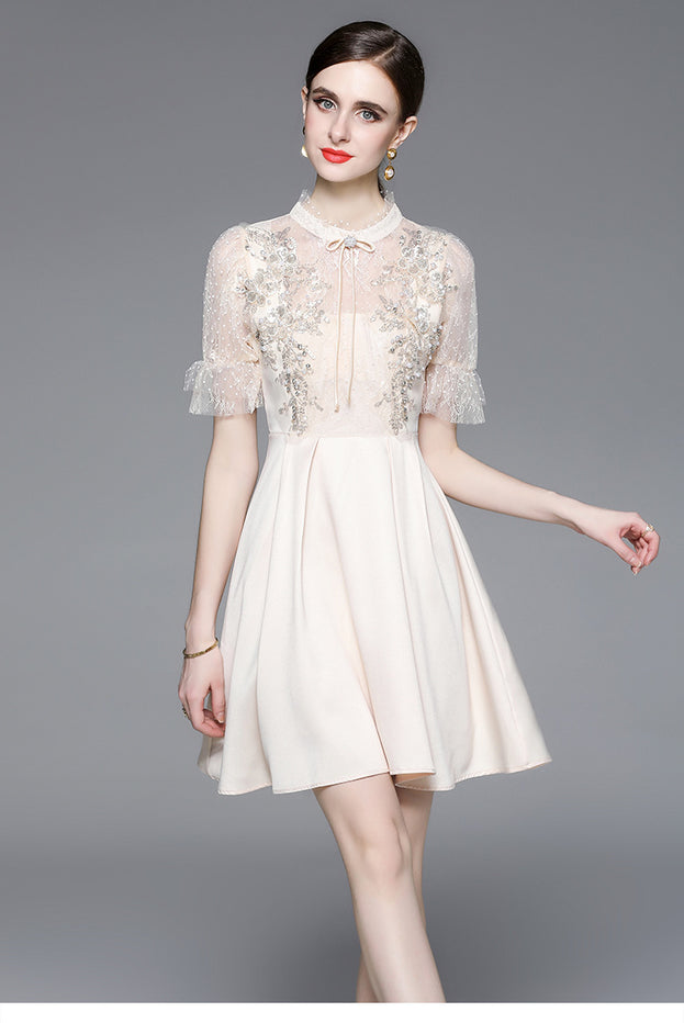 Beaded Stitching Lace High Waist Slim Temperament Slim Short Skirt Dress