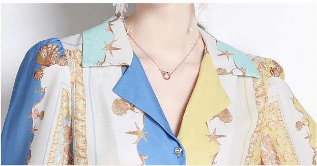 Temperament Skirt Stitching Clashing Color Print Long-Sleeved Slimming Retro Dress