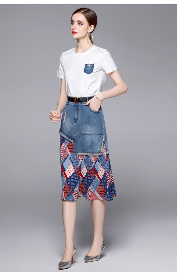New Women's Crew Neck Short Sleeve T-shirt and Temperament Fashion Ftitching Denim Skirt Two-Piece Suit