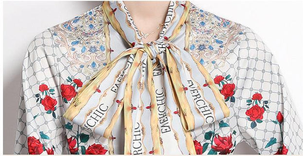 Women's Printed Bow Tie Long-Sleeved Shirt and Elegant High-Waisted Skirt Two-Piece Suit