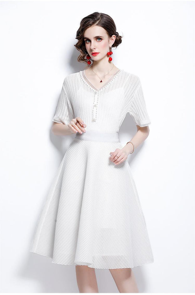Ice Silk Breathable V-neck Nailed Beaded Knitwear and Hollowed Out Mesh Princess Skirt Two-Piece Set