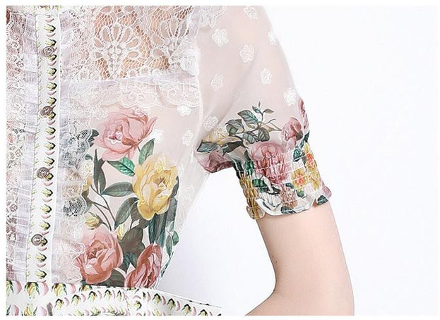 Vintage Lace Short Sleeve Top and Mesh A-Line Printed Half Skirt Suit Skirt
