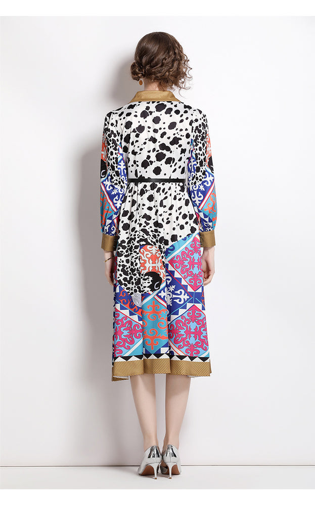 Fashion Vintage Print Dress Lapel Long-Sleeved Temperament Slim MIDI