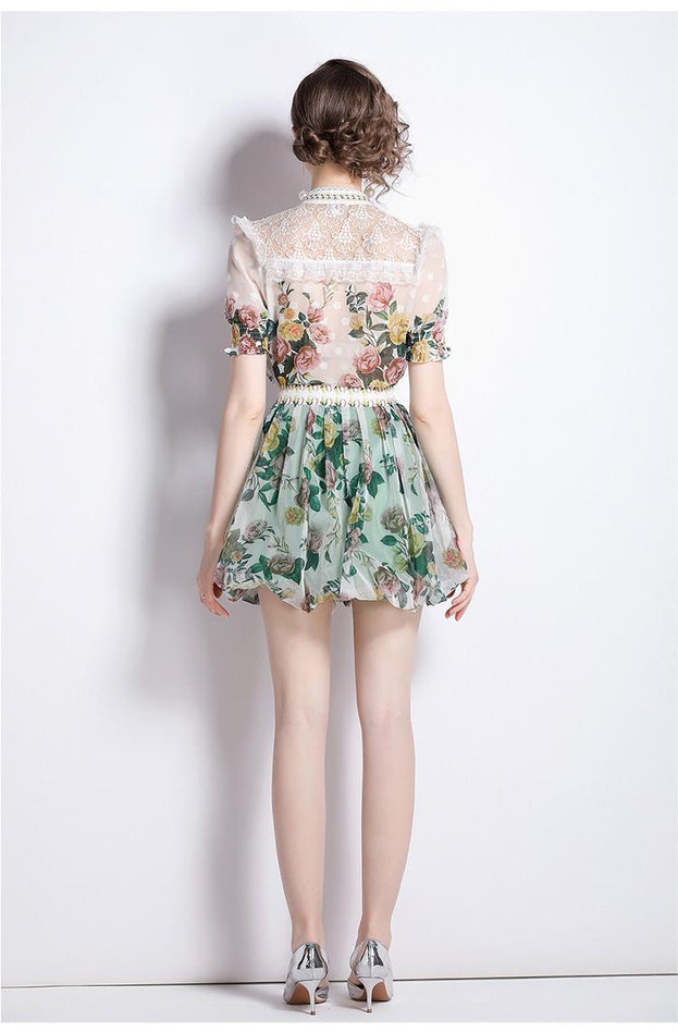 Vintage Lace Short Sleeve Top and Mesh A-Line Printed Half Skirt Suit Skirt