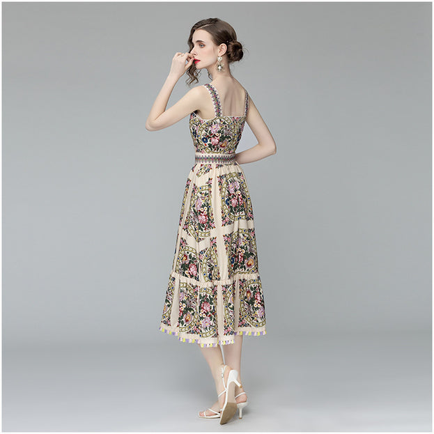 Tassel Suspender Dress Women's Summer New Women's Fashion Printed Slimming Large Swing Skirt