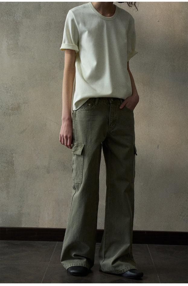 Trendy And Retro Denim Workwear Flared Pants, Mid-waist  Casual Women's Pant