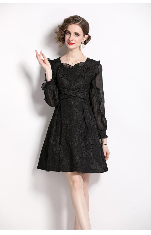 Fashion Show Slim Patchwork Receive Waist Temperament Peplum Long-Sleeved Jacquard Dress