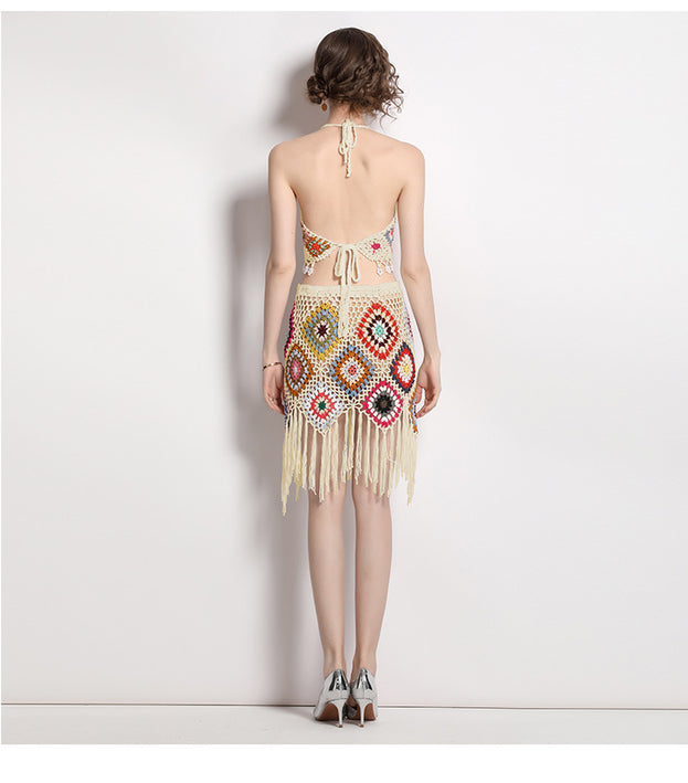Fashion Suit Female Hook Flower Knitted Bump Color Suspender Vest Two-Piece Set and High Waist Tassel Skirt