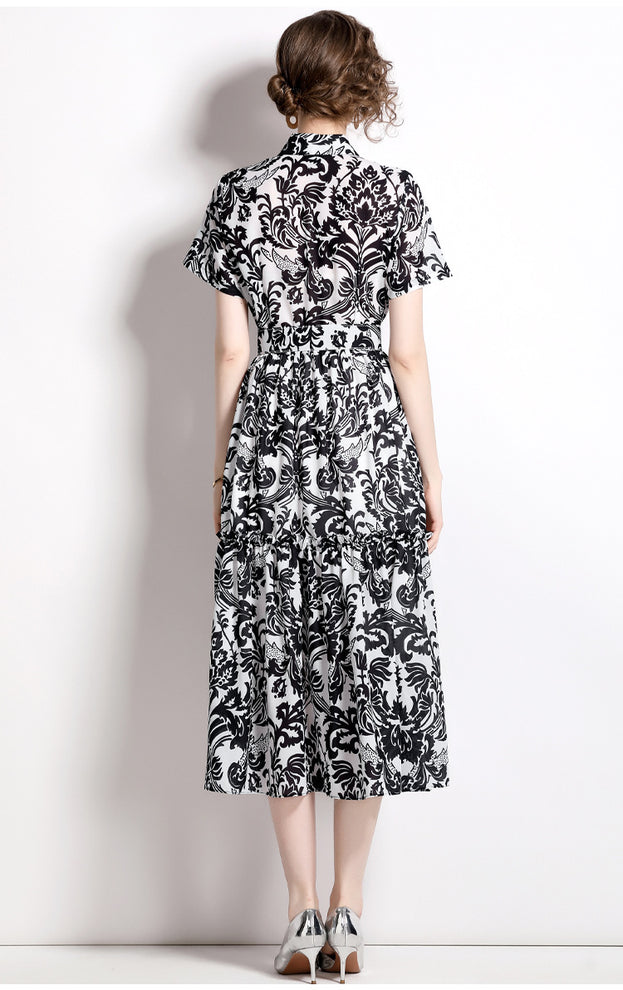 Vintage Print Short Sleeve Large Hem Slim Lapel Maxi Dress