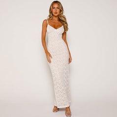 Summer Sexy V-Neck Lace Transparent Slim-Fitting Long Slip Dress for Women