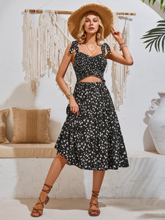 Summer Casual Printed Smocked Drawstring-Tied Cutout Slip Dress for Women