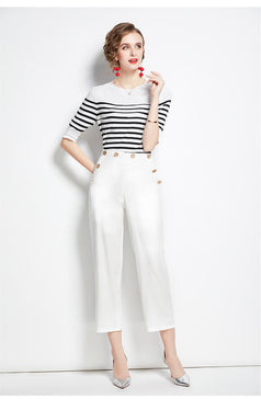 Striped Crew Neck Sweater Top and Solid White Pant Two-Piece Set