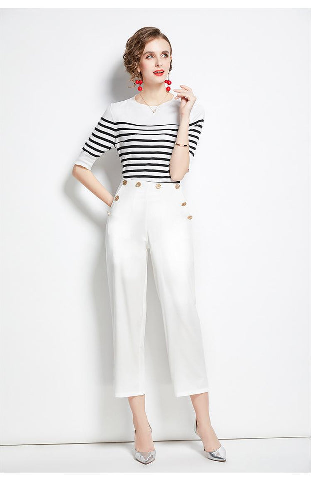 Striped Crew Neck Sweater Top and Solid White Pant Two-Piece Set