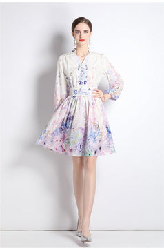 V-Neck Vintage Print Long-Sleeved Dress Slim-Fit and Slim-Waist A-Line Skirt