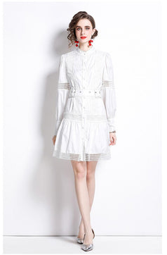 Thin Lace Patchwork Lantern Sleeve White Dress