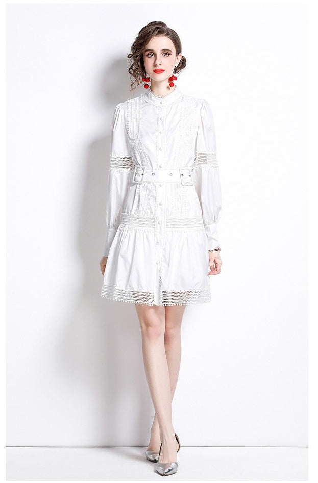 Thin Lace Patchwork Lantern Sleeve White Dress