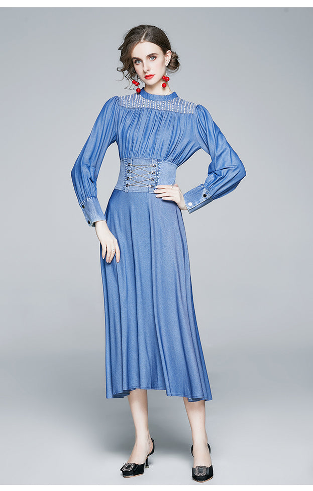 Tencel Denim Dress High Waist Long Sleeve Blue Super Fairy A-Line Skirt