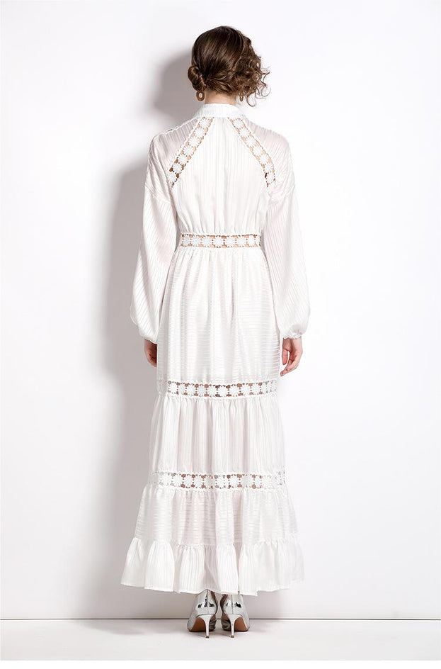 Girl Style Lapel Lantern Sleeve Single-Breasted Water-Soluble Lace Splicing Striped Long Dress