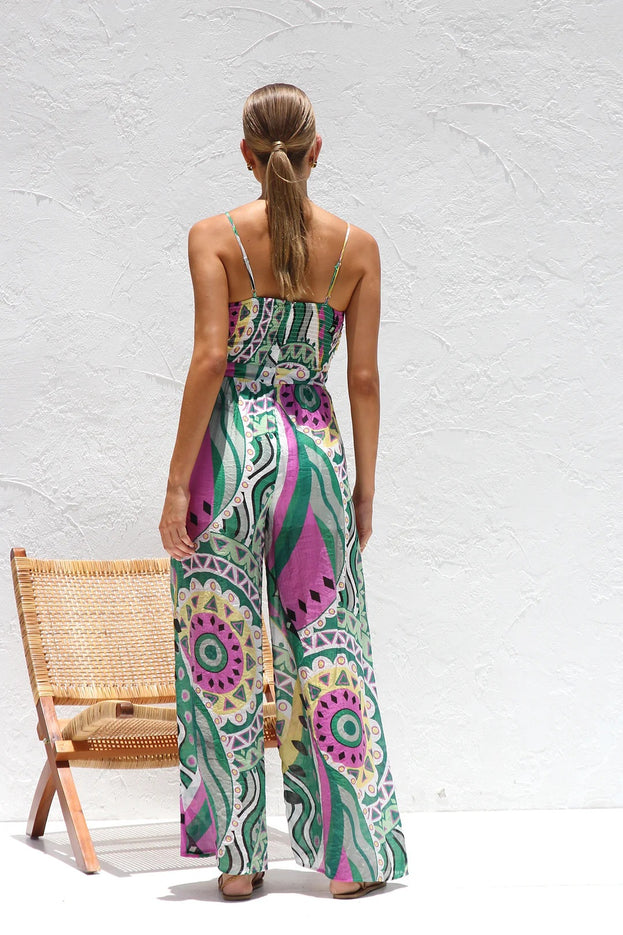 Summer Printed Cutout Waisted Smocked Wide-Leg Jumpsuit for Women