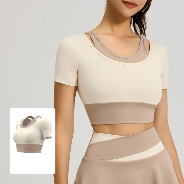 Slim-fit Naked Sports Color-matching Fake Two-piece Yoga Short Top
