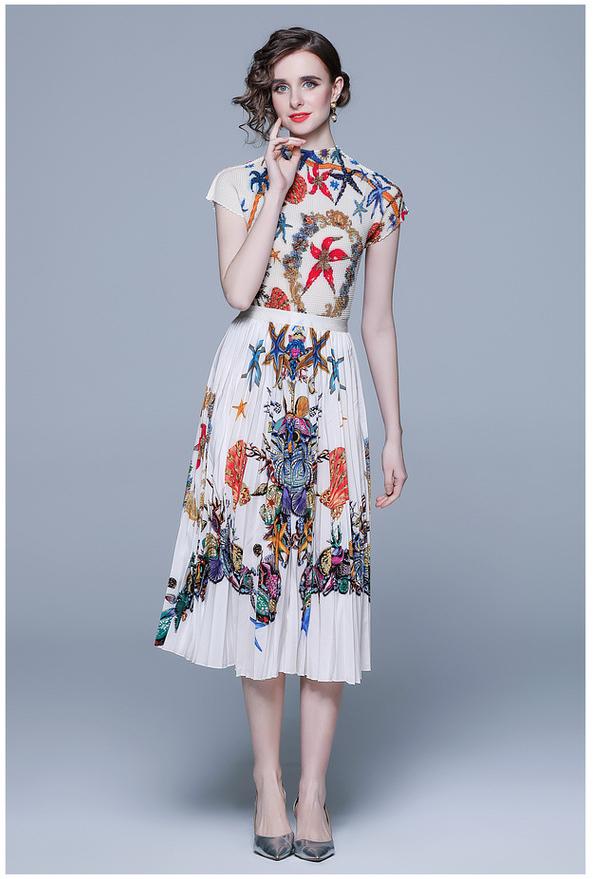 Vintage Print Pleated Short Sleeve Top and Pleated Skirt Fashion Two-Piece Suit