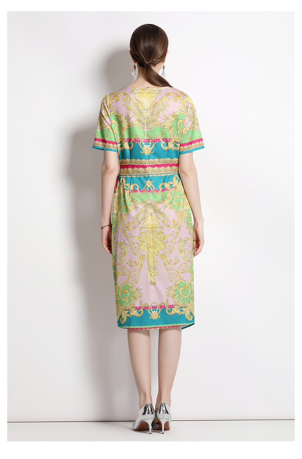 Vintage Print Print MIDI Dress with Waist Drawstring for Slimming