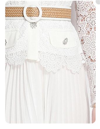 Water-Soluble Pleat Splicing Chiffon High-Waisted Lapel Long-Sleeved Fake Two-Piece Long Skirt Dress