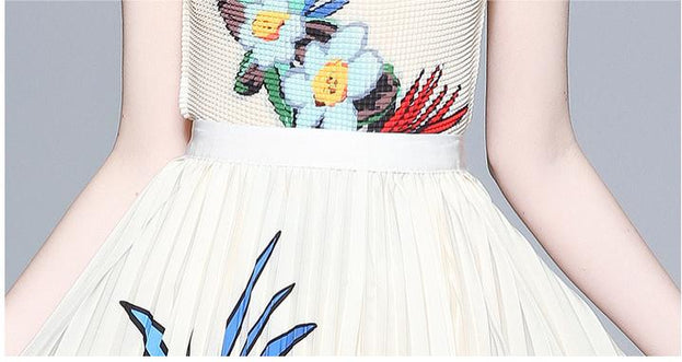 Vintage Print Pleated Short Sleeve Top and Pleated Skirt Fashion Two-Piece Suit