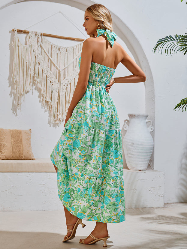 Summer Printed Waisted Loose Holiday-Style Smocked Halter Dress for Women