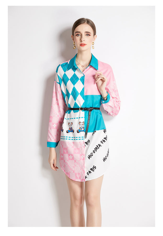 Long Sleeve Shirt Wth Lapel Collar Fashion Slim Vintage Printed Long Shirt