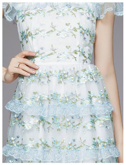 Fashion Short Sleeve Embroidered High Waist to Show Thin Temperament Cake Long Skirt Dress