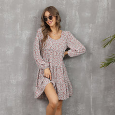 Fashion Round-Neck Long Sleeve Printed Ruffled Hem with Large Flared Dress for Women