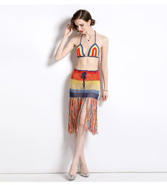Hollowed Out beach Holiday Style Fashion Hanging Neck Wipe Chest Suspender and High Waist Tassel Sexy Bag Buttock Skirt Suit