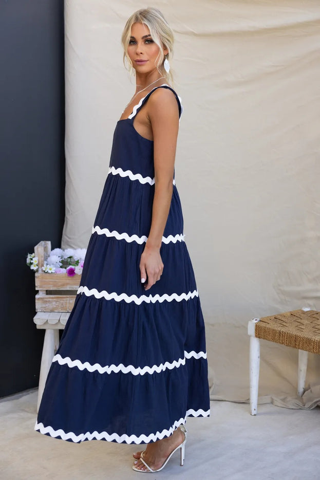 Summer Casual Square-Neck Colour-Blocking Loose Long Slip Dress for Women