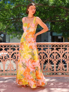 Summer Square-Neck Printed Waisted Holiday-Style Long Slip Dress for Women