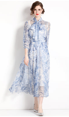 Lace-Up Print Long-Length Holiday Dress with Five-Point Sleeves