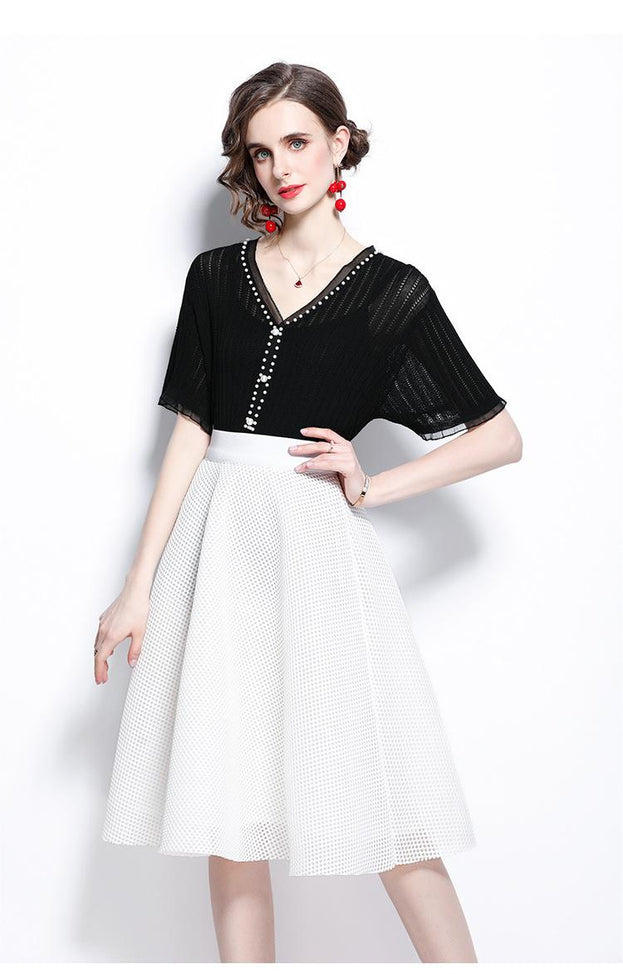 Ice Silk Breathable V-neck Nailed Beaded Knitwear and Hollowed Out Mesh Princess Skirt Two-Piece Set