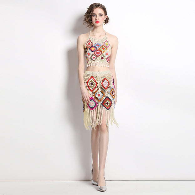 Fashion Suit Female Hook Flower Knitted Bump Color Suspender Vest Two-Piece Set and High Waist Tassel Skirt