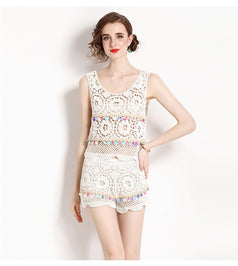 Hook Flower Suit Women's Short Style Sleeveless Vest and High Waist Shorts Two-Piece Set