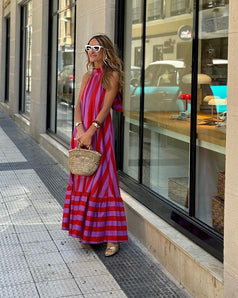 Summer Fashion Casual Striped Open-Back Holiday-Style Halter Dress for Women