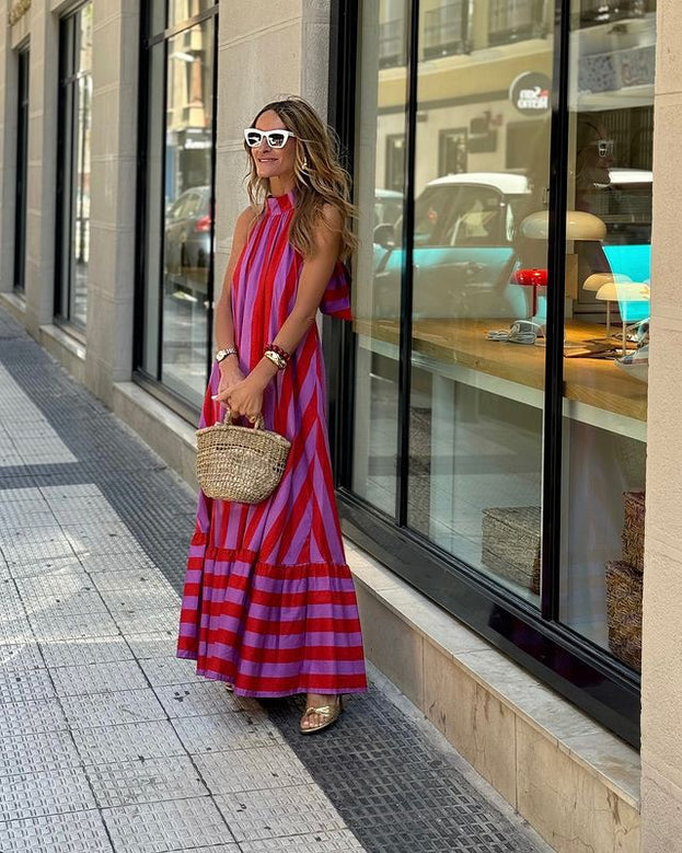 Summer Fashion Casual Striped Open-Back Holiday-Style Halter Dress for Women