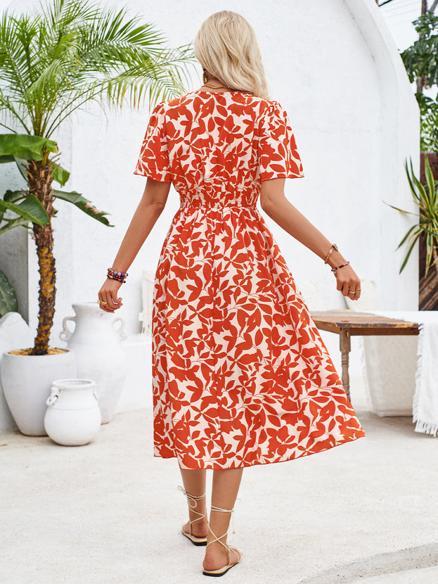 Summer V-Neck Waisted Printed Short Sleeve Dress for Women