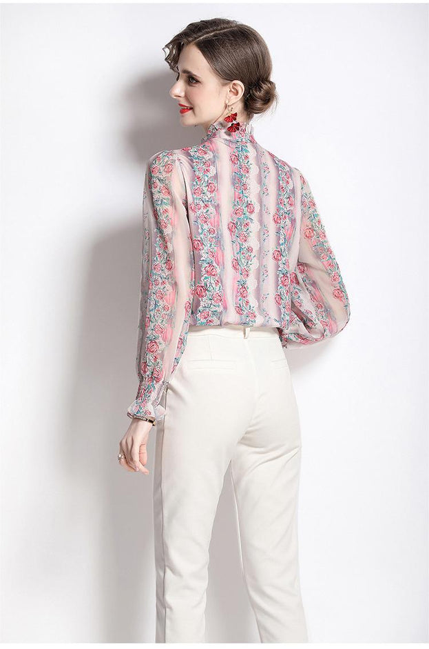 Vintage Printed Stand Collar Long Sleeve Top With Wooden Ear Edge