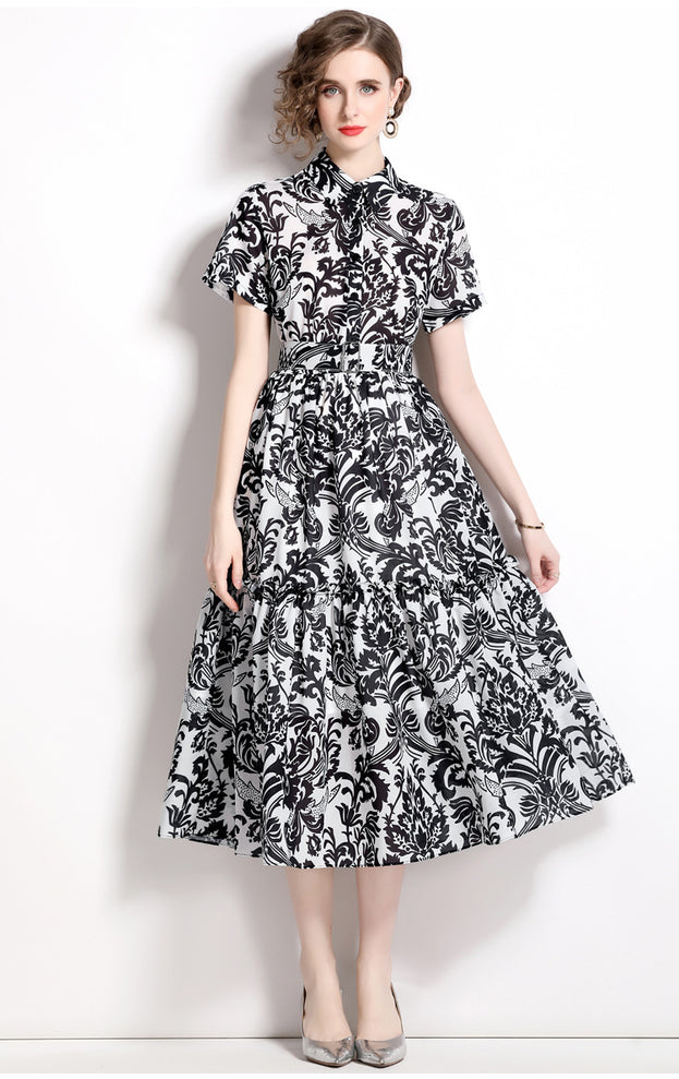 Vintage Print Short Sleeve Large Hem Slim Lapel Maxi Dress