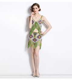Hollowed Out Colorful Tassel Top and Skirt Two-Piece Set