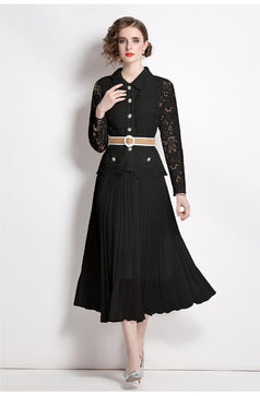 Water-Soluble Pleat Splicing Chiffon High-Waisted Lapel Long-Sleeved Fake Two-Piece Long Skirt Dress