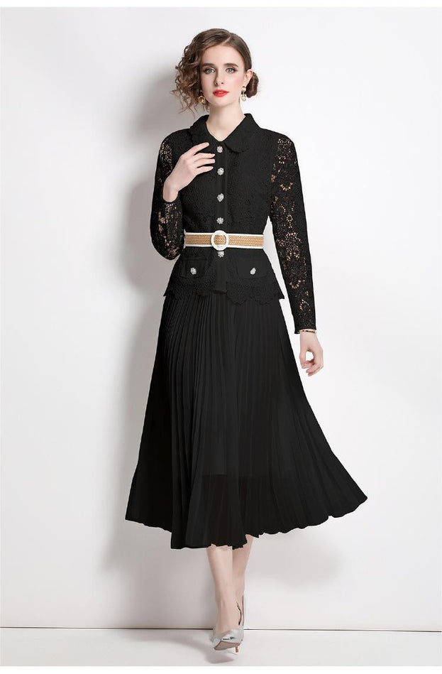 Water-Soluble Pleat Splicing Chiffon High-Waisted Lapel Long-Sleeved Fake Two-Piece Long Skirt Dress
